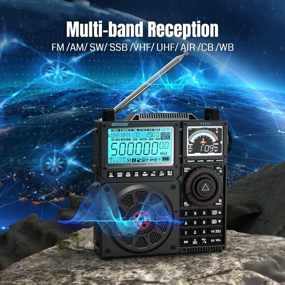 Raddy nešiojamas trumpųjų bangų radijo imtuvas FM AM SW SSB, 5000 mAh akumuliatorius, RF919