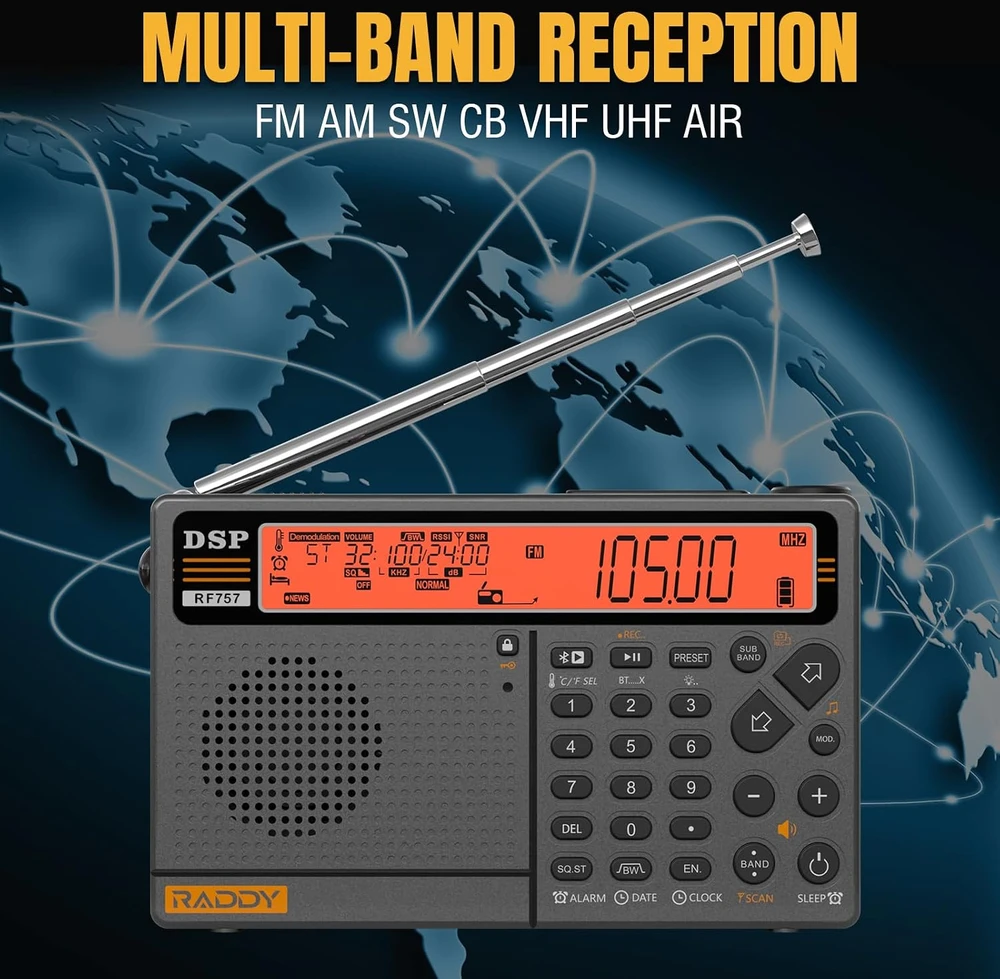 Raddy nešiojamasis daugiajuostis radijo imtuvas AM/FM/SW/VHF/UHF/CB/AIR RF757