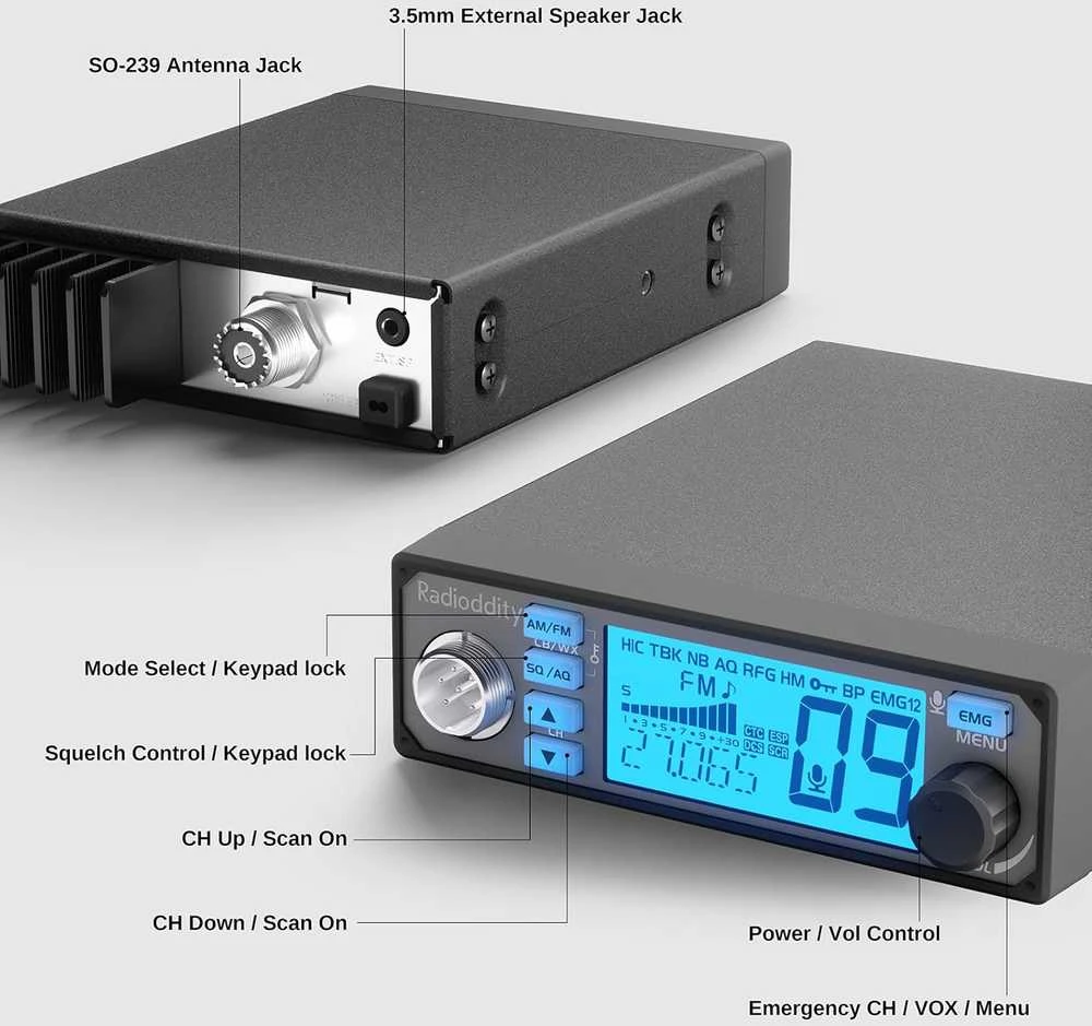 Radioddity CB radijo stotelė, 40 kanalų, AM/FM, 4 W, triukšmo mažinimas, CB-500