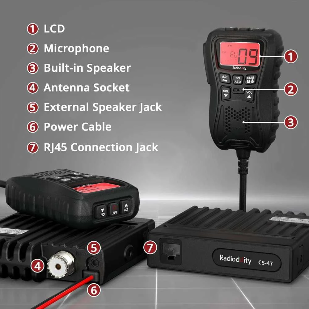 Radioddity mini CB radijo stotis CS-47, 40 kanalų, AM/FM, LCD ekranas, VOX, triukšmo mažinimas