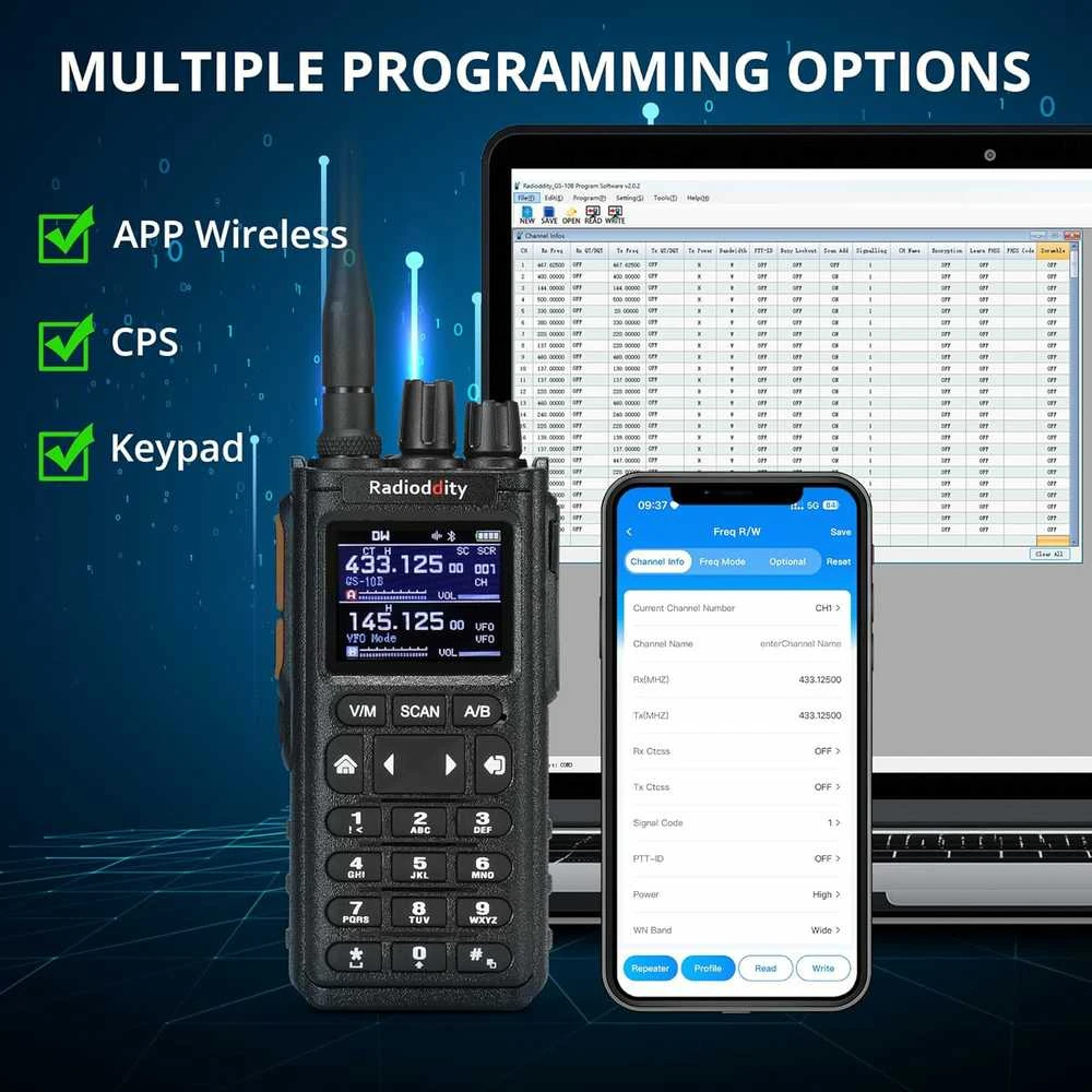 Radioddity nešiojama radijo stotis 10 W, UHF/VHF/FM, 256 kanalai, Bluetooth, GS-10B