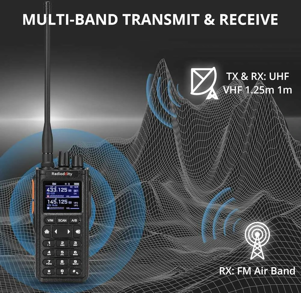 Radioddity nešiojama radijo stotis 10 W, UHF/VHF/FM, 256 kanalai, Bluetooth, GS-10B