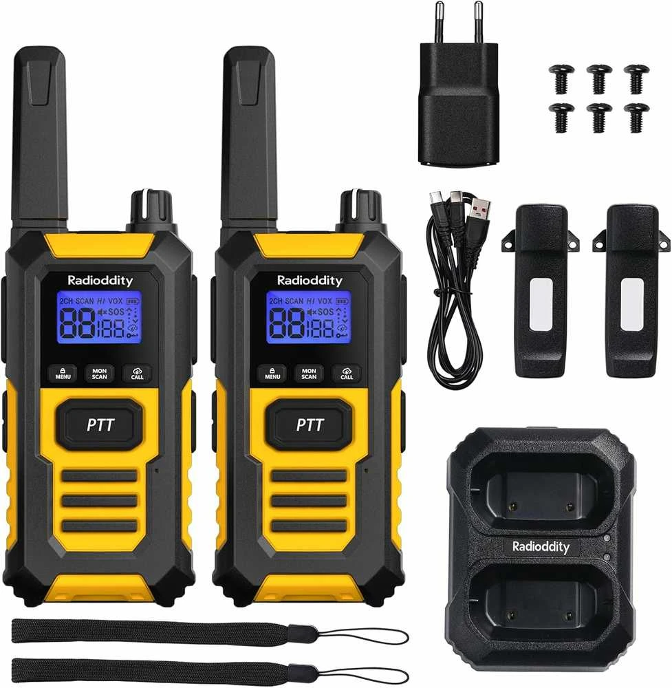 Radioddity trumpųjų bangų racija PMR446 IP67 atspari vandeniui ir dulkėms, 16 kanalų, USB-C įkrovimas, HD-1, geltona