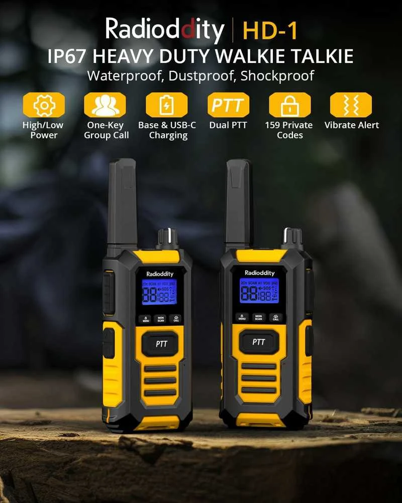 Radioddity trumpųjų bangų racija PMR446 IP67 atspari vandeniui ir dulkėms, 16 kanalų, USB-C įkrovimas, HD-1, geltona