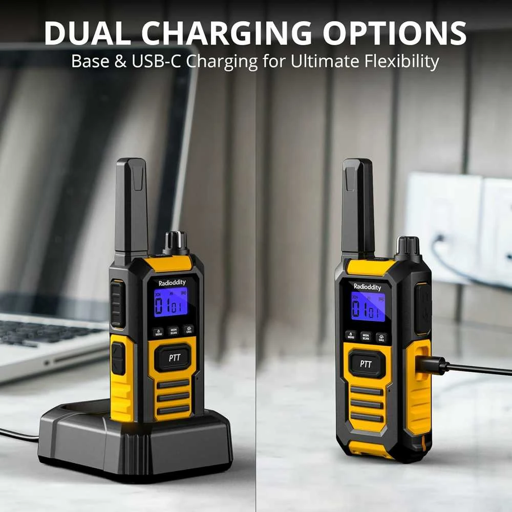 Radioddity trumpųjų bangų racija PMR446 IP67 atspari vandeniui ir dulkėms, 16 kanalų, USB-C įkrovimas, HD-1, geltona