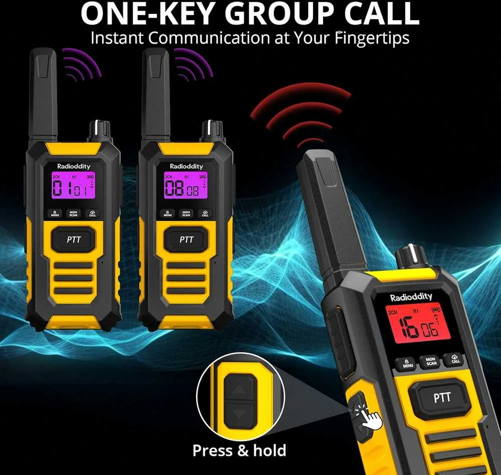 Radioddity trumpųjų bangų racija PMR446 IP67 atspari vandeniui ir dulkėms, 16 kanalų, USB-C įkrovimas, HD-1, geltona