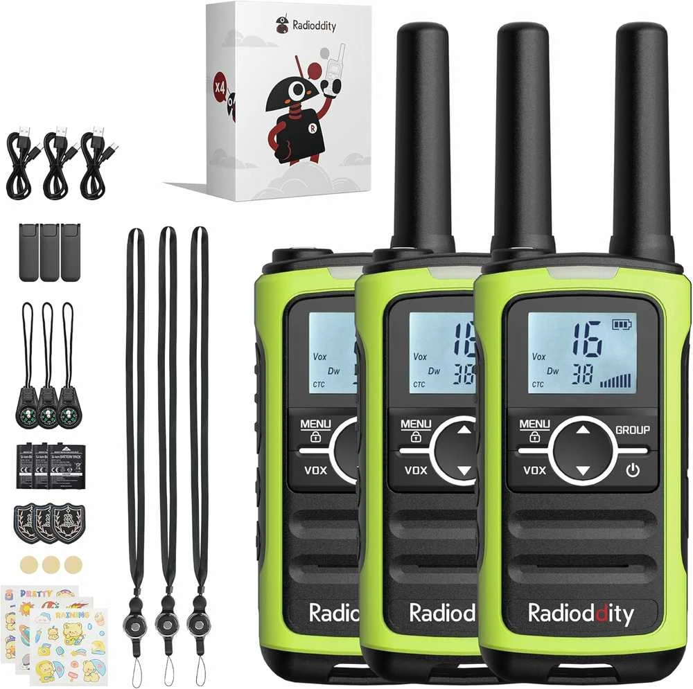 Radioddity vaikų racija PMR446, 16 kanalų, 5 km nuotolis, 2000 mAh baterija, VOX, žalia, PR-T8