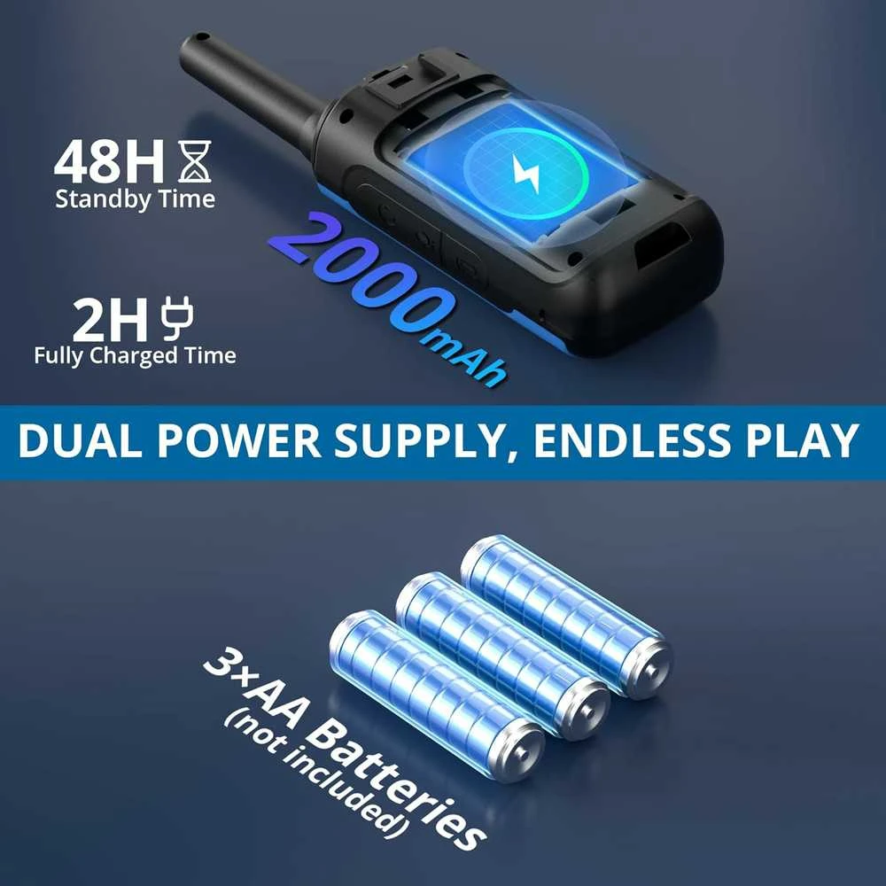 Radioddity vaikų racija PMR446 16 kanalų su VOX, žibintuvėliu, 2000 mAh baterija, USB-C, PR-T8
