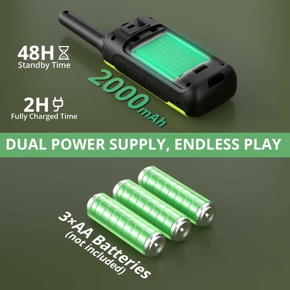 Radioddity vaikų racija PMR446, 16 kanalų, 5 km nuotolis, 2000 mAh baterija, VOX, žalia, PR-T8