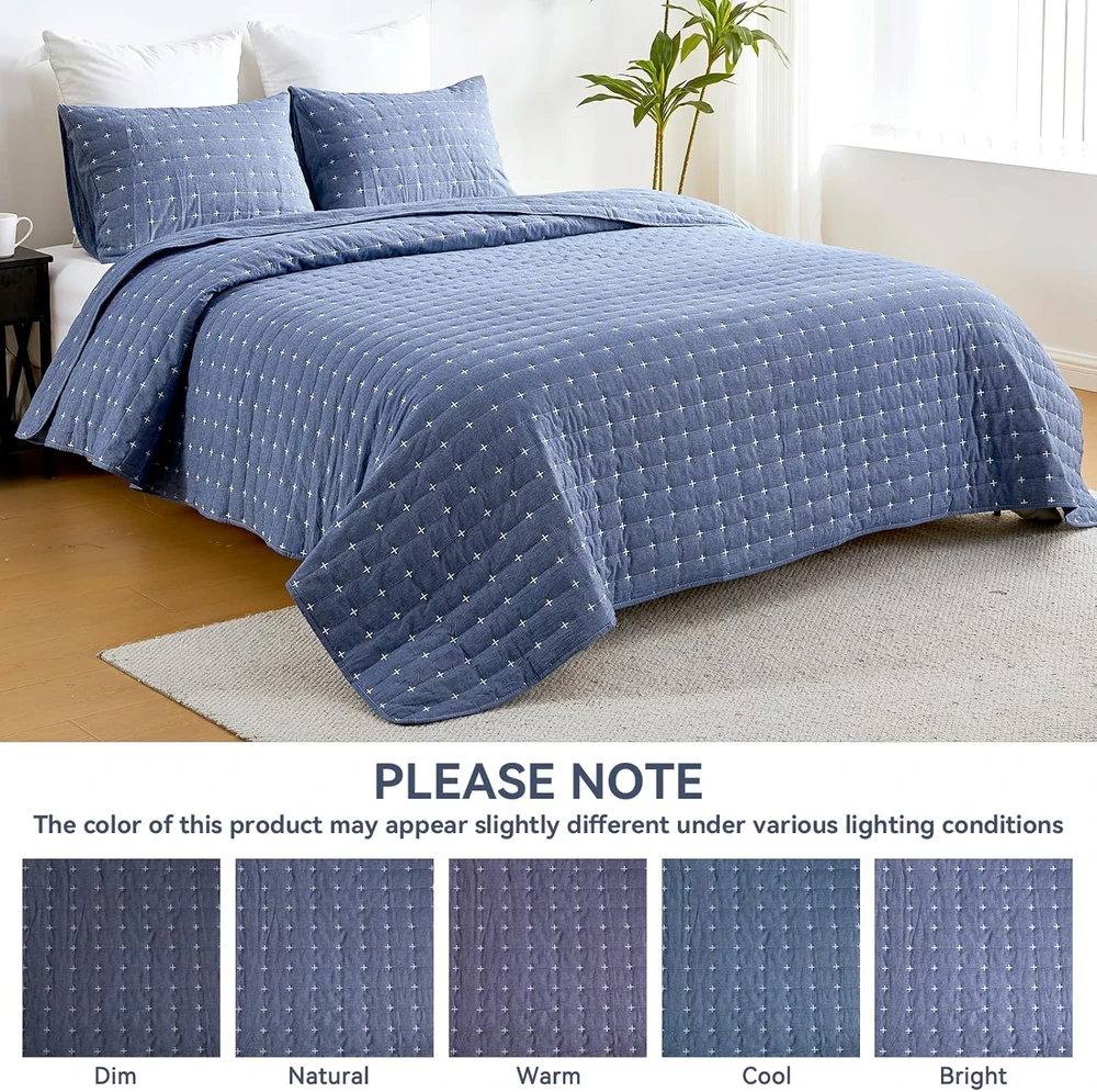 Rankšluostis Qucover dygsniuotos lovatiesės komplektas, 269 × 243 cm, džinsinė mėlyna, medvilnė, 3 dalių rinkinys, kryžminių siūlių raštas
