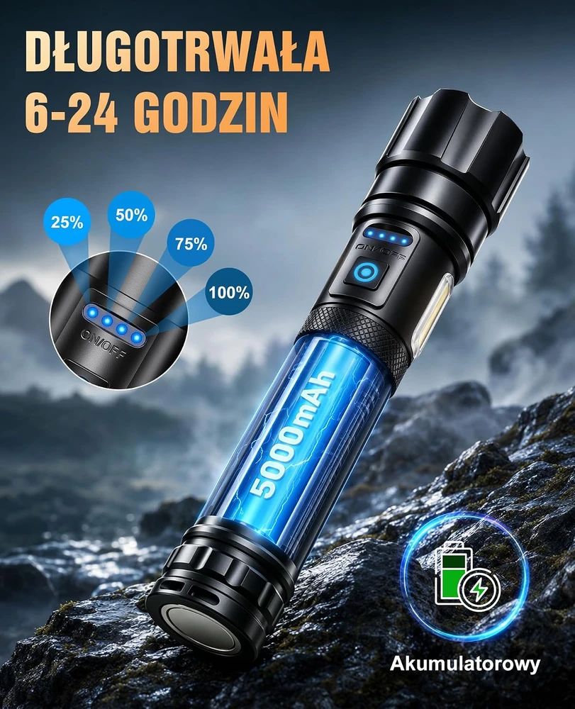 RAYLON įkraunamas LED taktinis žibintuvėlis 500000 lm, 5000 mAh, IPX6 FLS01