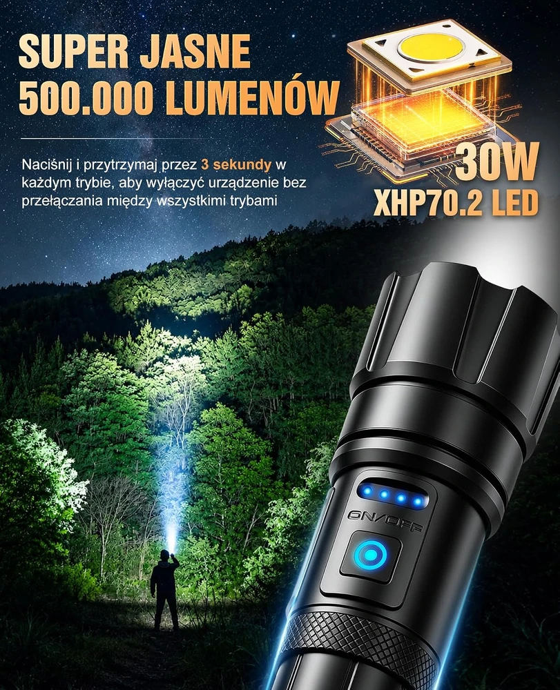 RAYLON įkraunamas LED taktinis žibintuvėlis 500000 lm, 5000 mAh, IPX6 FLS01