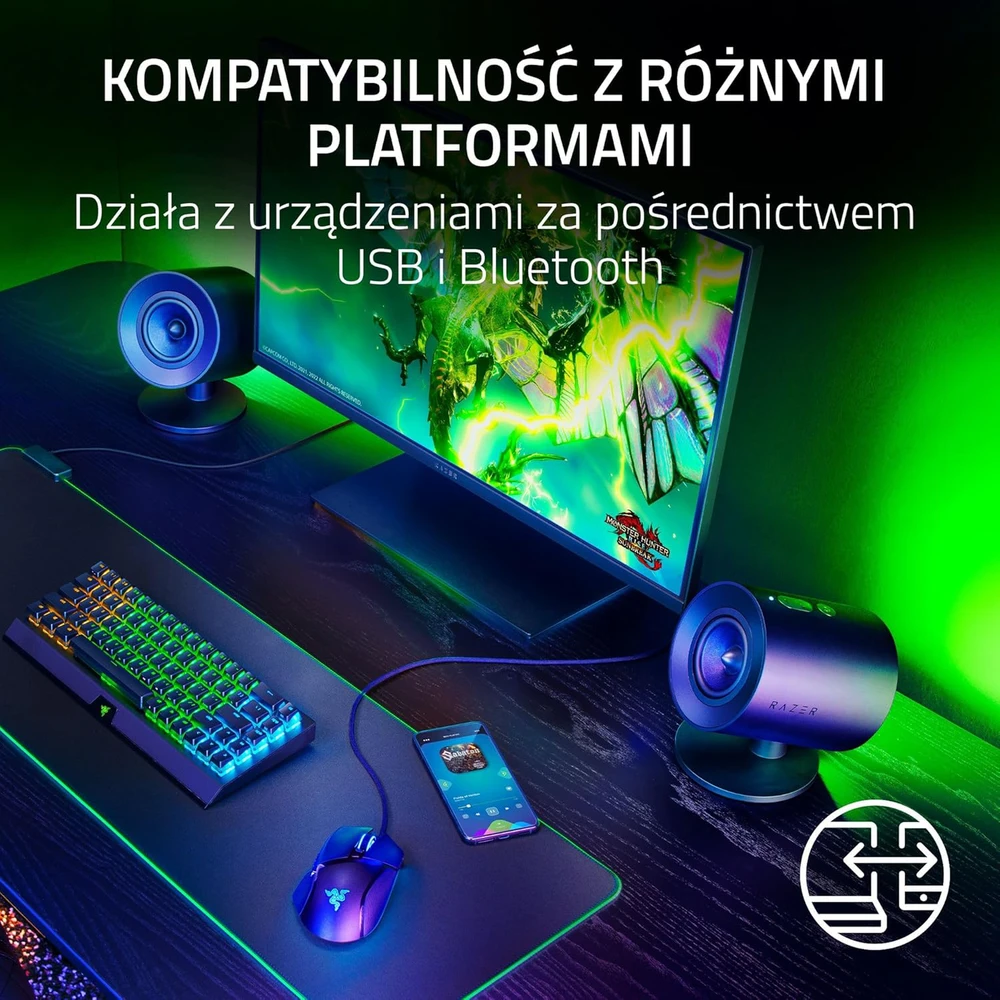 Kompiuterio kolonėlės Razer | Žaidimų garsiakalbiai su laidiniu žemųjų dažnių garsiakalbiu | Nommo V2 - 2.1 | Bluetooth | Juodas