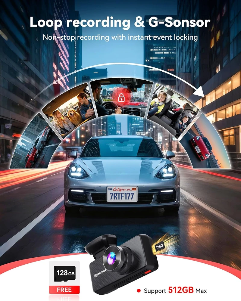 REDTIGER 4 kanalų automobilinė kamera 2,7K ir 3 × 1080p su GPS ir Wi-Fi F17Plus