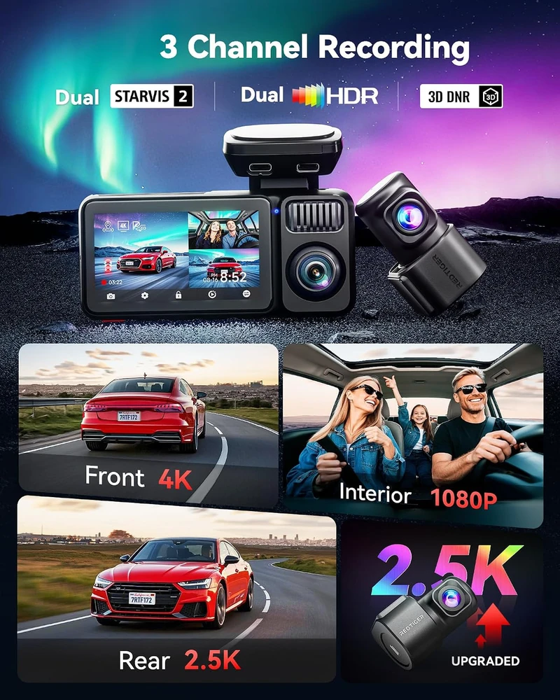 REDTIGER automobilinis vaizdo registratorius 3 kanalų 4K su GPS ir 128 GB kortele F17 Elite