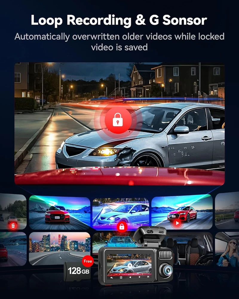 REDTIGER automobilinis vaizdo registratorius 3 kanalų 4K su GPS ir 128 GB kortele F17 Elite