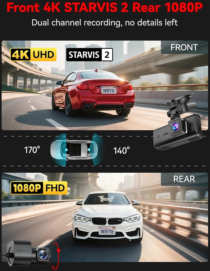 REDTIGER automobilinis vaizdo registratorius F7N TOUCH, 4K + 1080p, GPS, Wi-Fi, 64 GB