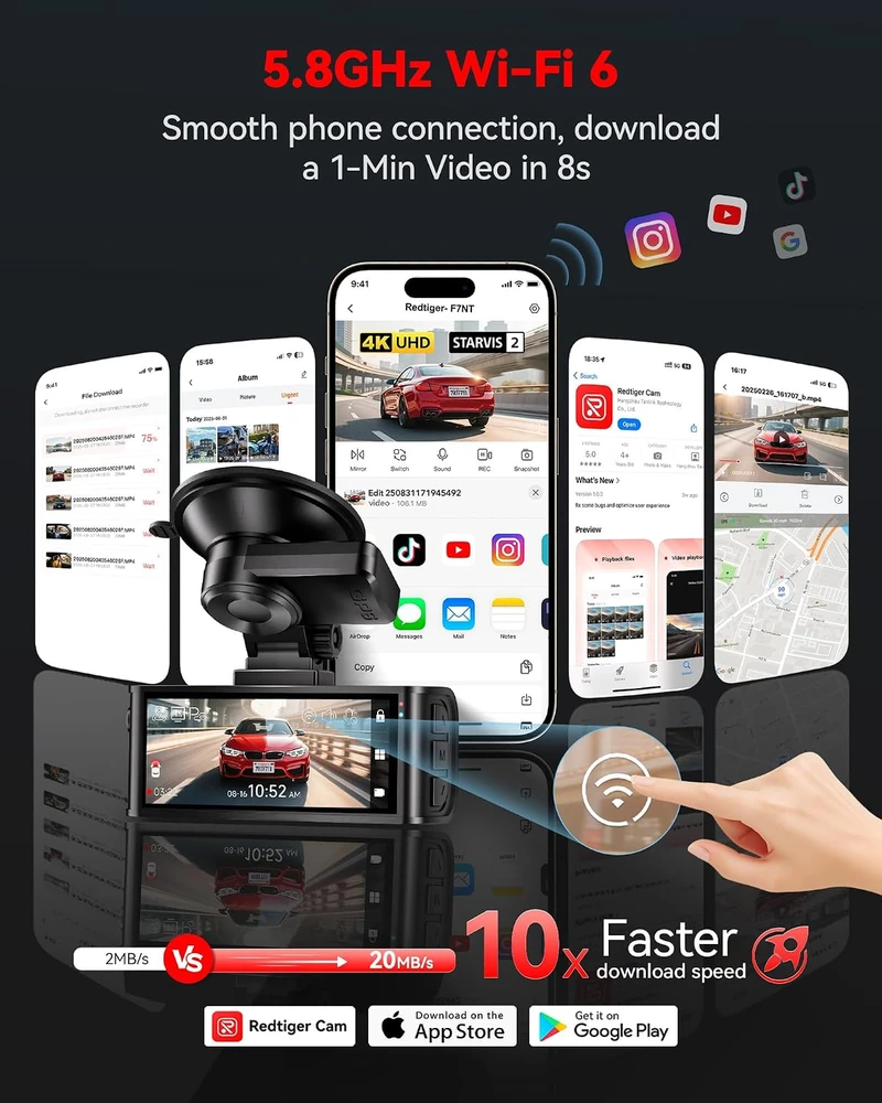 REDTIGER automobilinis vaizdo registratorius F7N TOUCH, 4K + 1080p, GPS, Wi-Fi, 64 GB