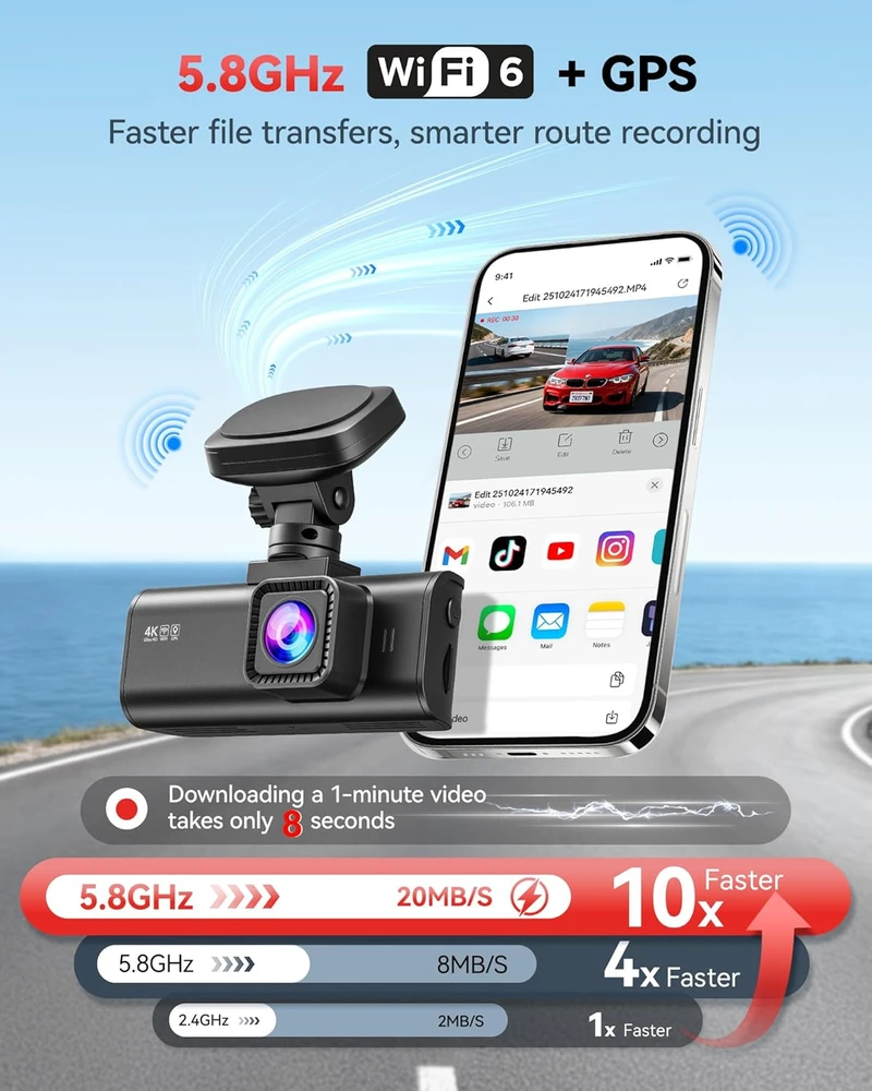 REDTIGER automobilinis vaizdo registratorius 4K su galine 1080p kamera, Wi-Fi, GPS, F7N