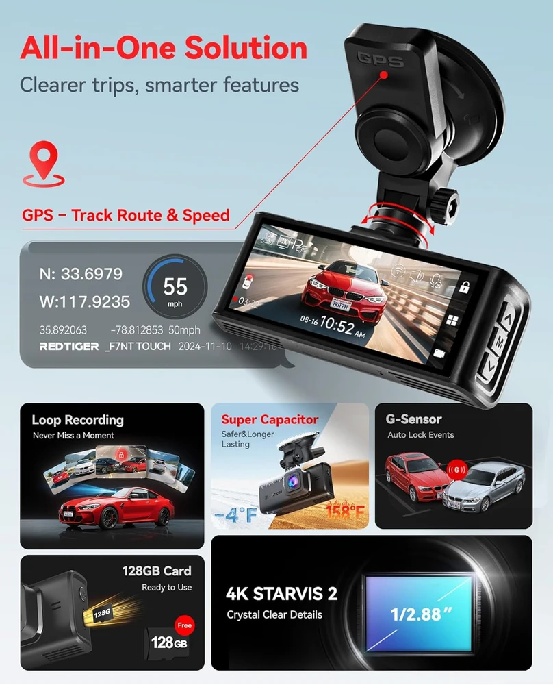 REDTIGER automobilinis vaizdo registratorius F7N TOUCH, 4K + 1080p, GPS, Wi-Fi, 64 GB