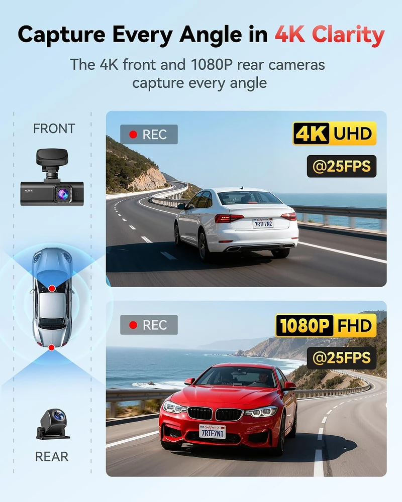 REDTIGER automobilinis vaizdo registratorius 4K su galine 1080p kamera, Wi-Fi, GPS, F7N