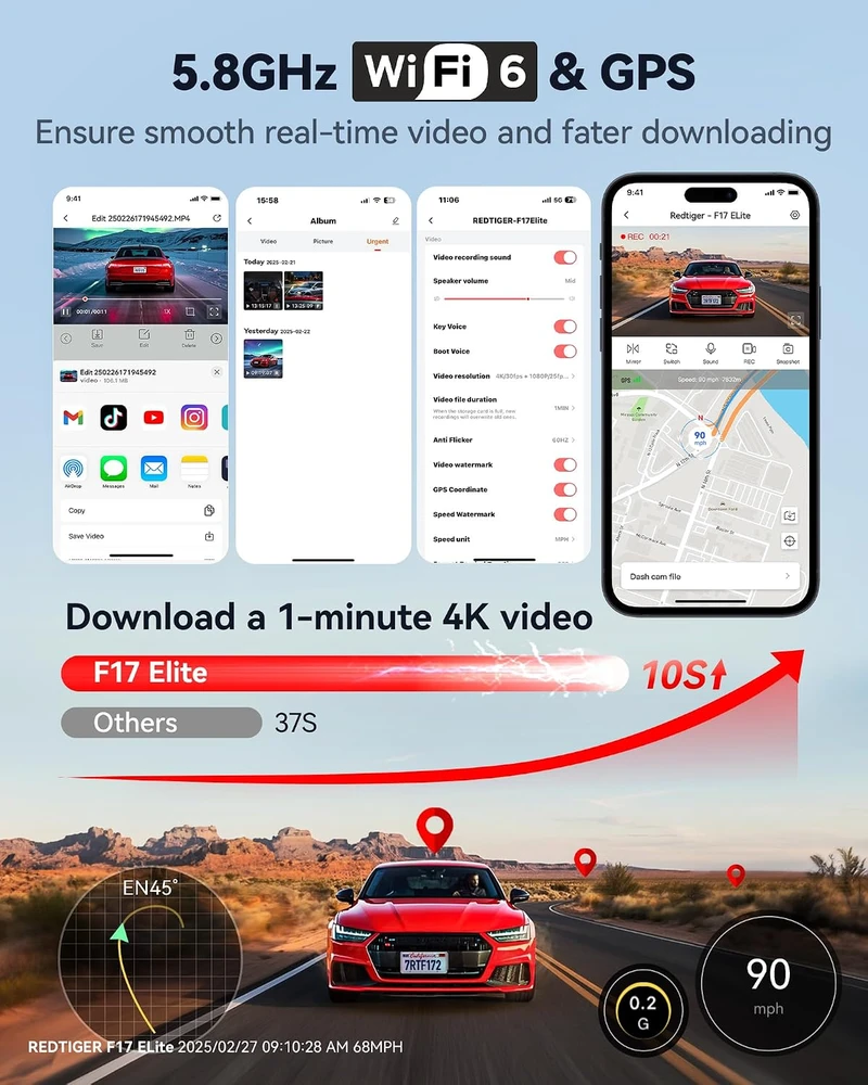 REDTIGER automobilinis vaizdo registratorius 3 kanalų 4K su GPS ir 128 GB kortele F17 Elite