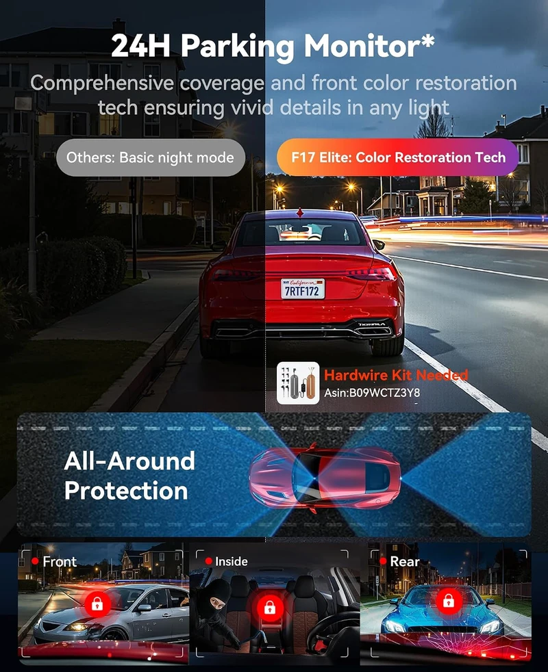REDTIGER automobilinis vaizdo registratorius 3 kanalų 4K su GPS ir 128 GB kortele F17 Elite