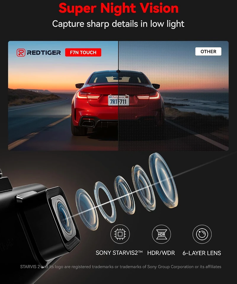 REDTIGER automobilinis vaizdo registratorius F7N TOUCH, 4K + 1080p, GPS, Wi-Fi, 64 GB