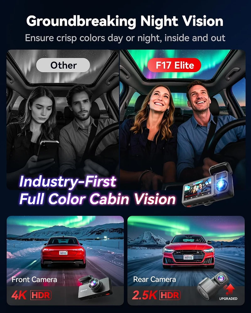 REDTIGER automobilinis vaizdo registratorius 3 kanalų 4K su GPS ir 128 GB kortele F17 Elite