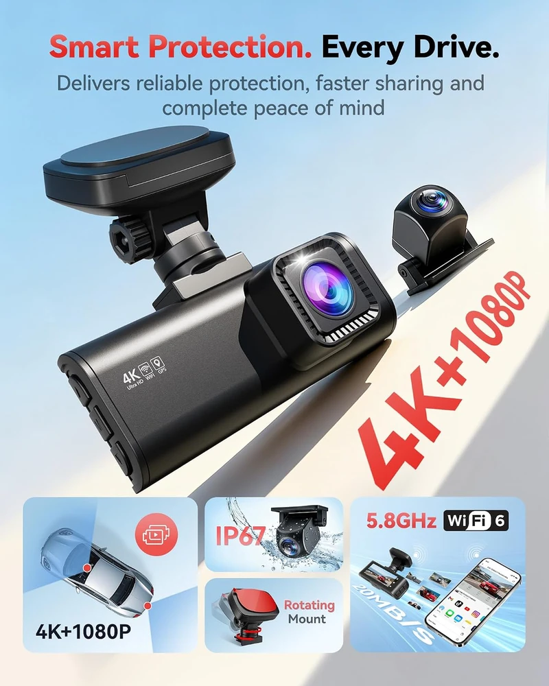 REDTIGER automobilinis vaizdo registratorius 4K su galine 1080p kamera, Wi-Fi, GPS, F7N