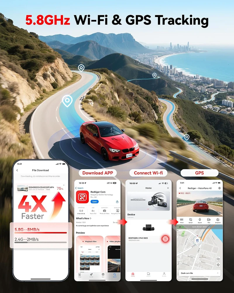 REDTIGER keturių kanalų automobilinis vaizdo registratorius 360° su Wi-Fi VP40