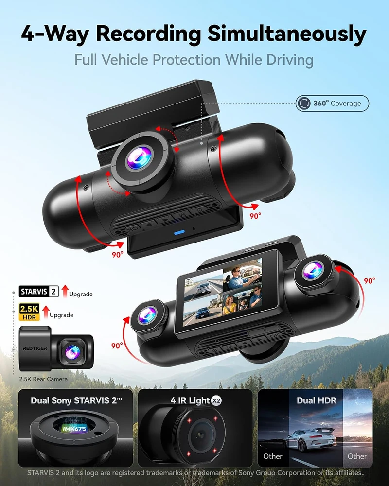 REDTIGER keturių kanalų automobilinis vaizdo registratorius 360° su Wi-Fi VP40