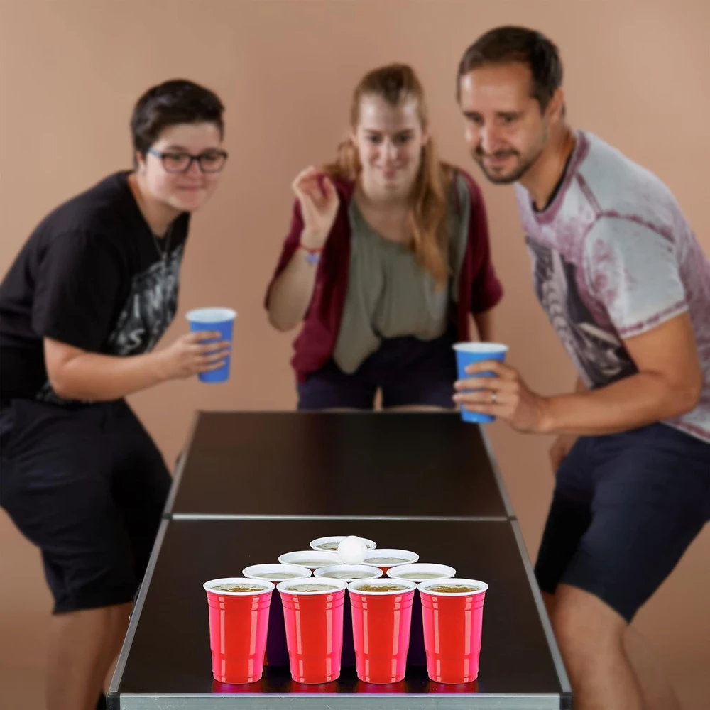 Relaxdays alaus bokštas su kraneliu, 2,5 l, 50 raudonų plastikinių puodelių rinkinys