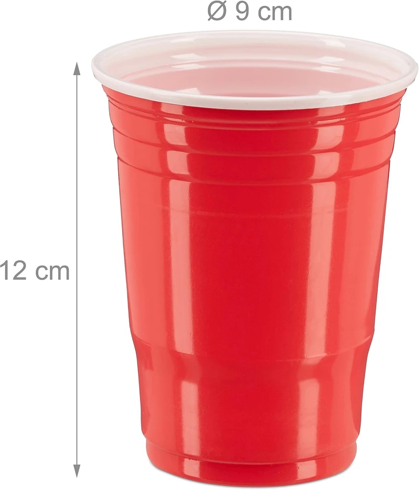 Relaxdays alaus bokštas su kraneliu, 2,5 l, 50 raudonų plastikinių puodelių rinkinys