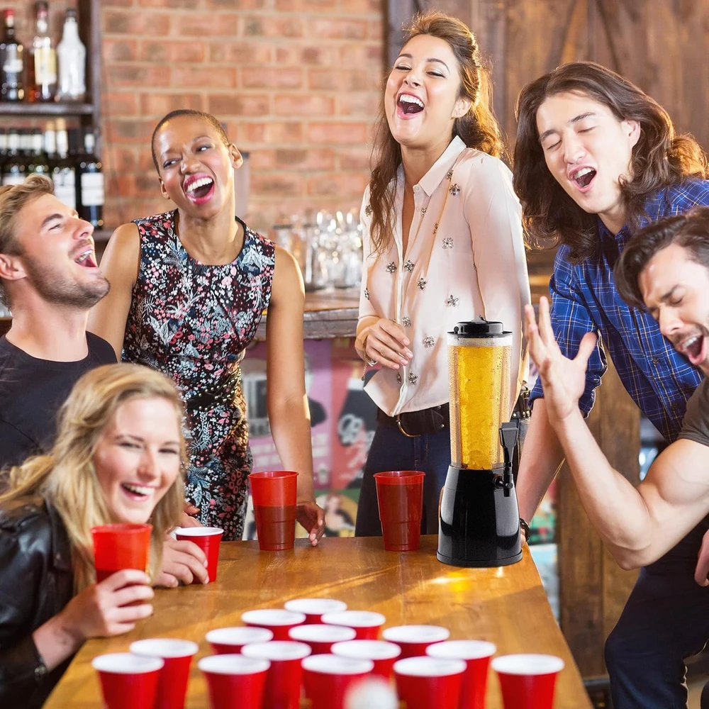 Relaxdays alaus bokštas su kraneliu, 2,5 l, 50 raudonų plastikinių puodelių rinkinys