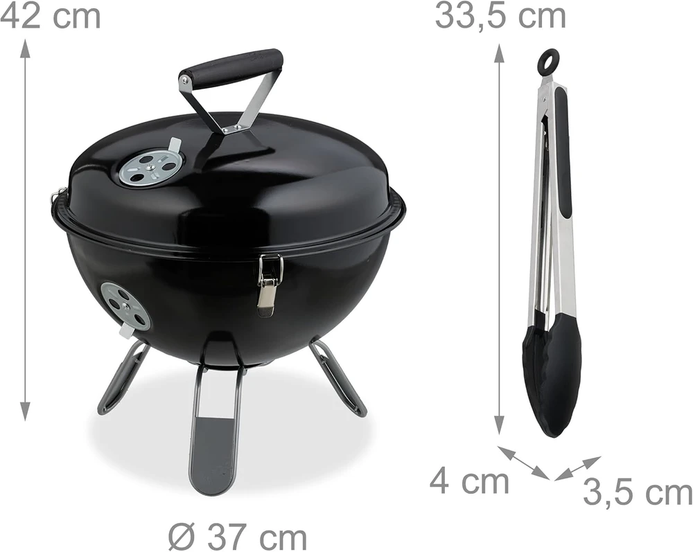 Relaxdays Nešiojamas kepsninių grilis 37cm su žnyplėmis