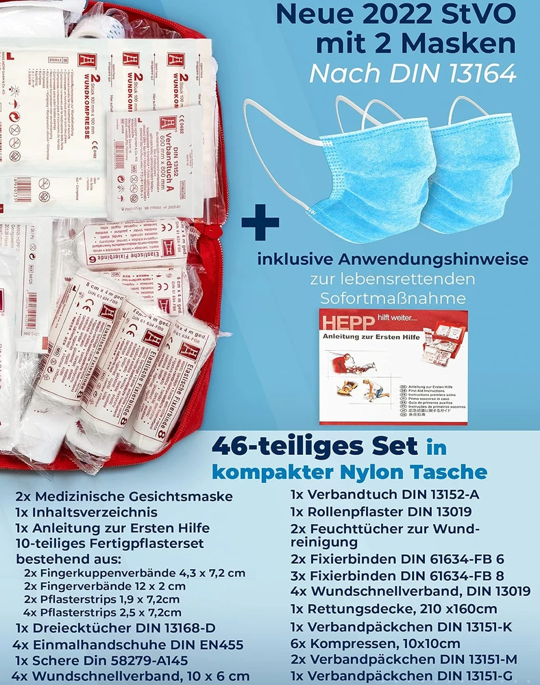RELLINGER automobilinė pirmosios pagalbos vaistinėlė DIN 13164, 46 vnt., RELL-EHSA001