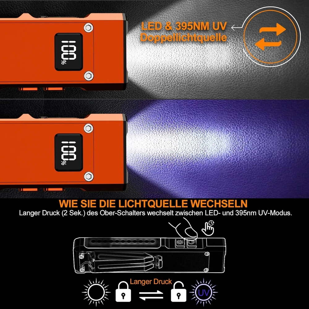 Relybo įkraunama LED prožektorius, 500000 lm, UV 395 nm, IPX6, aliuminio korpusas, FP110