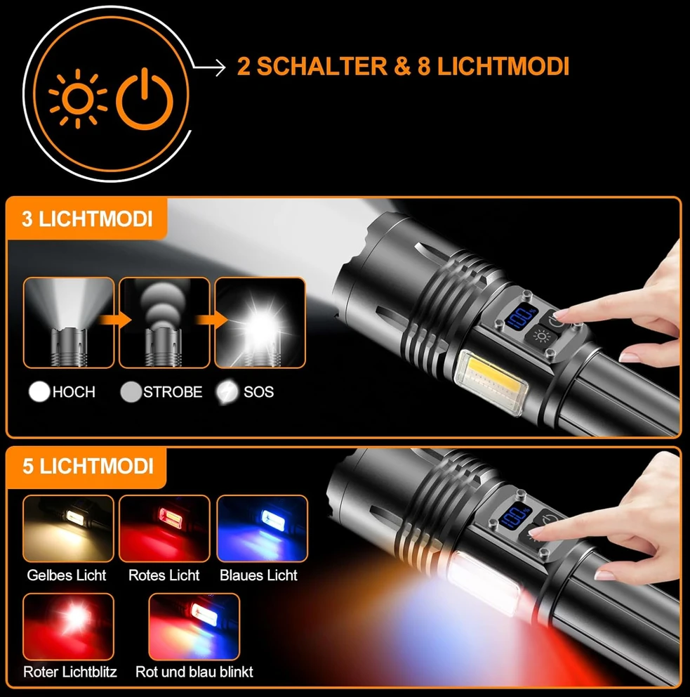 Relybo LED prožektorius 1000000 lm, įkraunamas, 9 režimai, USB-C, šoninis COB apšvietimas, LC222-DE