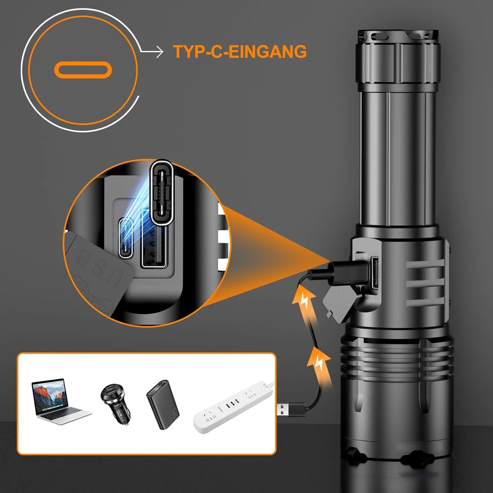 Relybo LED prožektorius 1000000 lm, įkraunamas, 9 režimai, USB-C, šoninis COB apšvietimas, LC222-DE