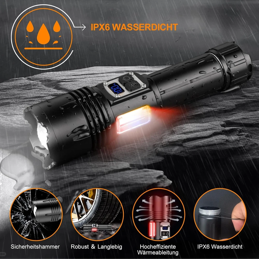Relybo LED prožektorius 1000000 lm, įkraunamas, 9 režimai, USB-C, šoninis COB apšvietimas, LC222-DE