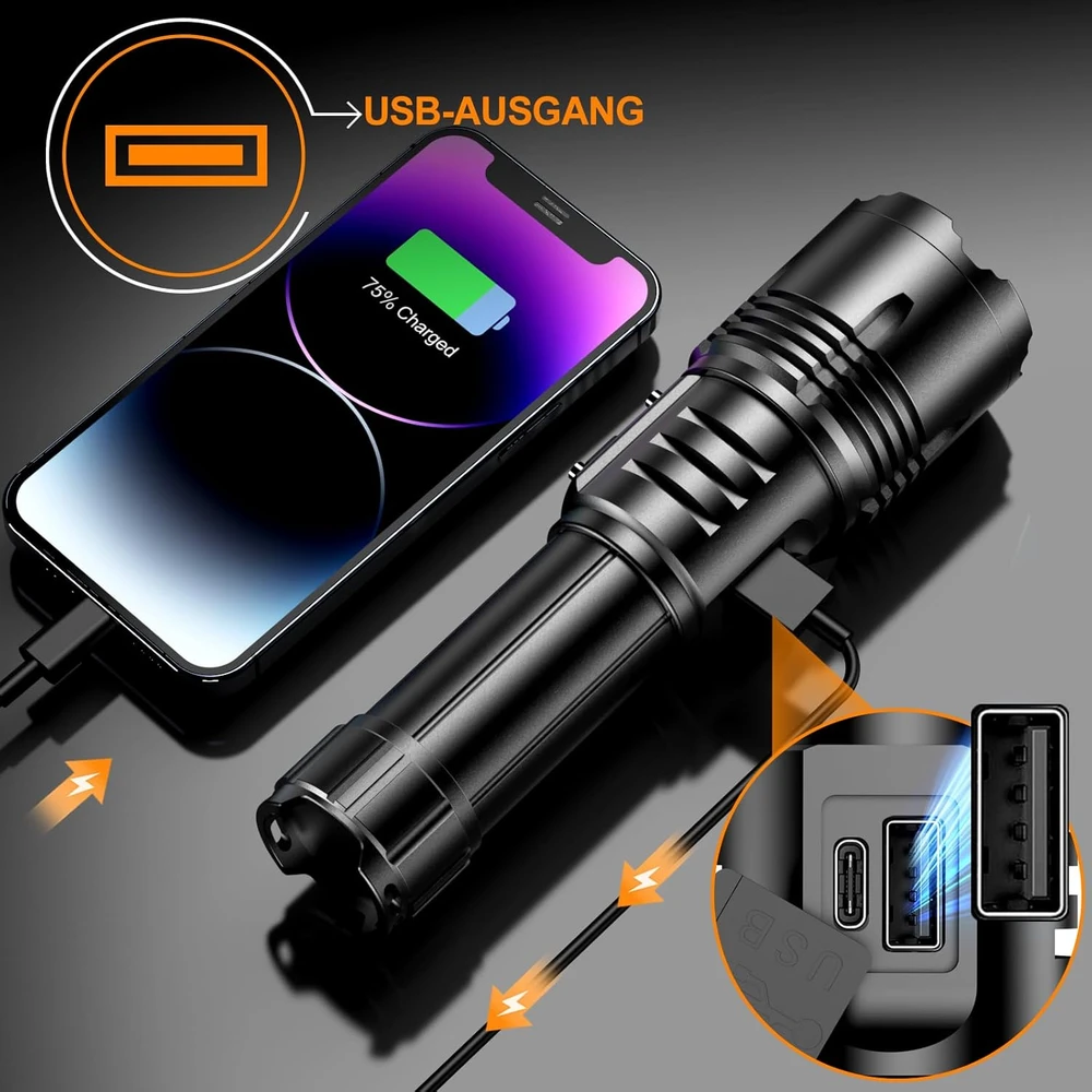 Relybo LED prožektorius 1000000 lm, įkraunamas, 9 režimai, USB-C, šoninis COB apšvietimas, LC222-DE