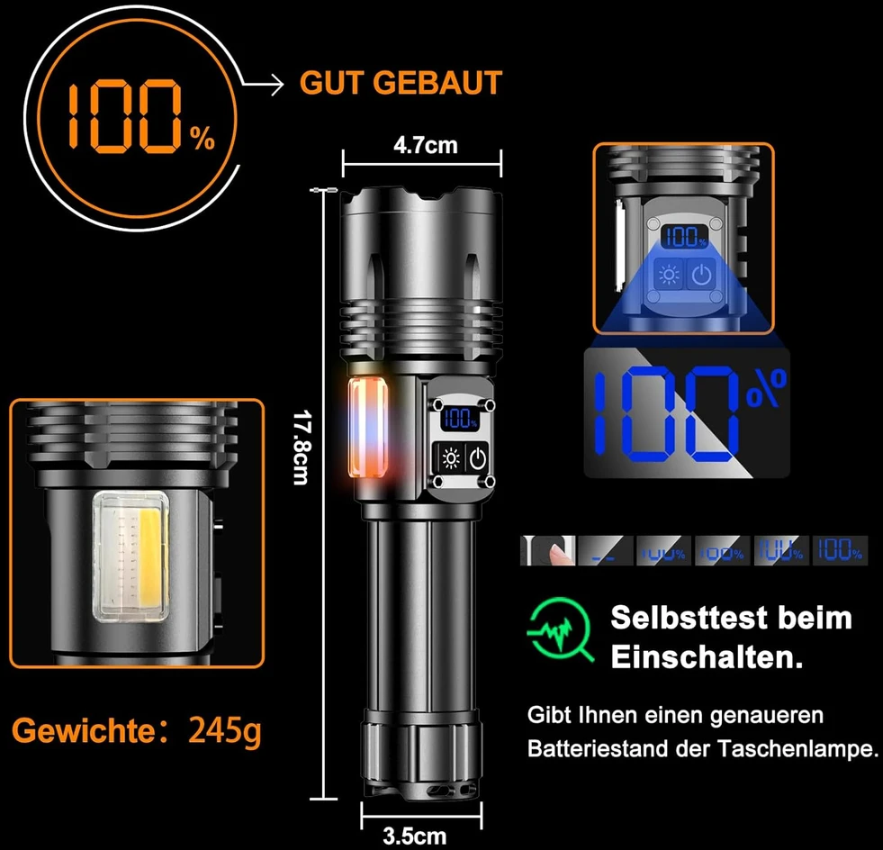 Relybo LED prožektorius 1000000 lm, įkraunamas, 9 režimai, USB-C, šoninis COB apšvietimas, LC222-DE