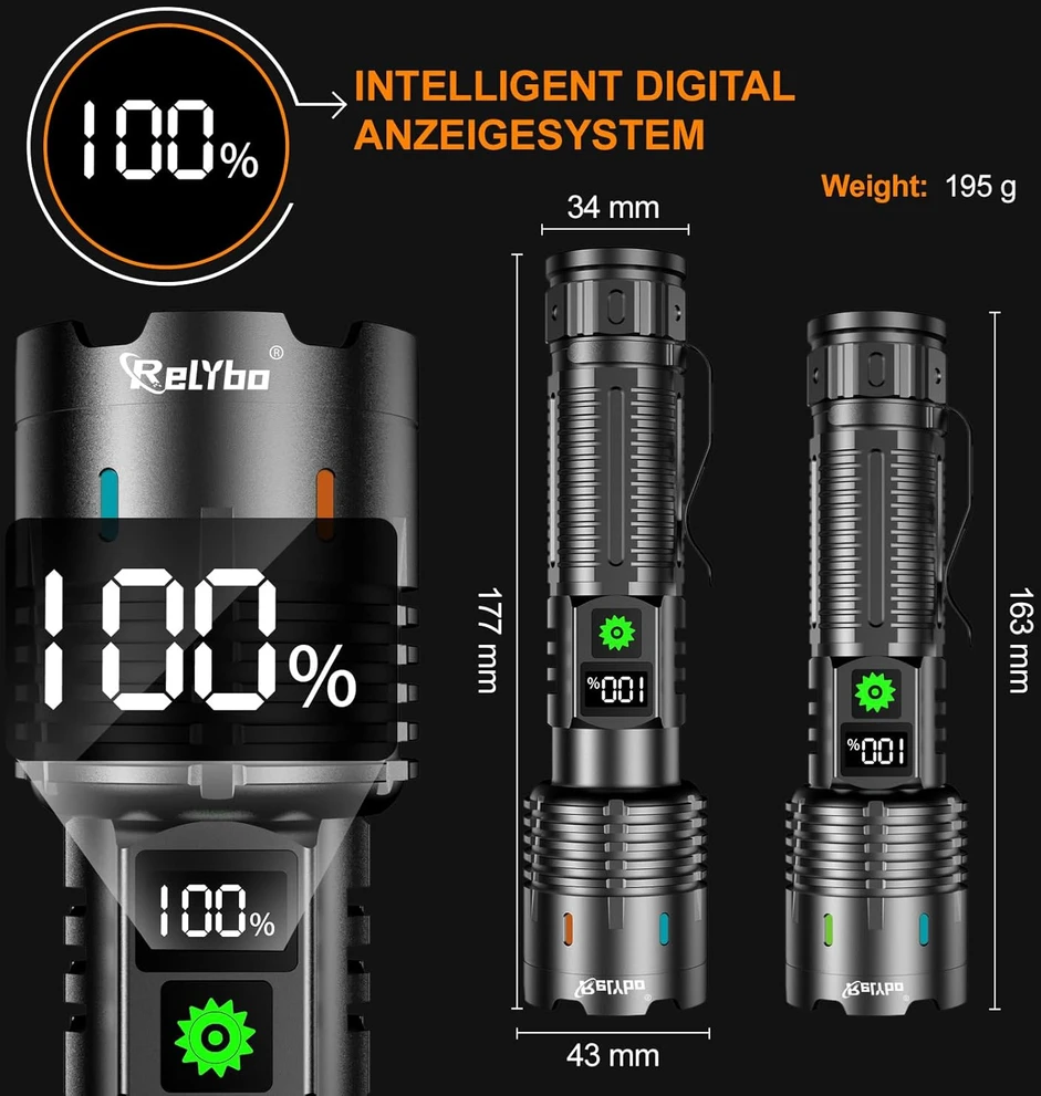 Relybo LED prožektorius, 30 W, įkraunamas, su USB, 5000 lm, su LCD ekranu, Relybo-A05