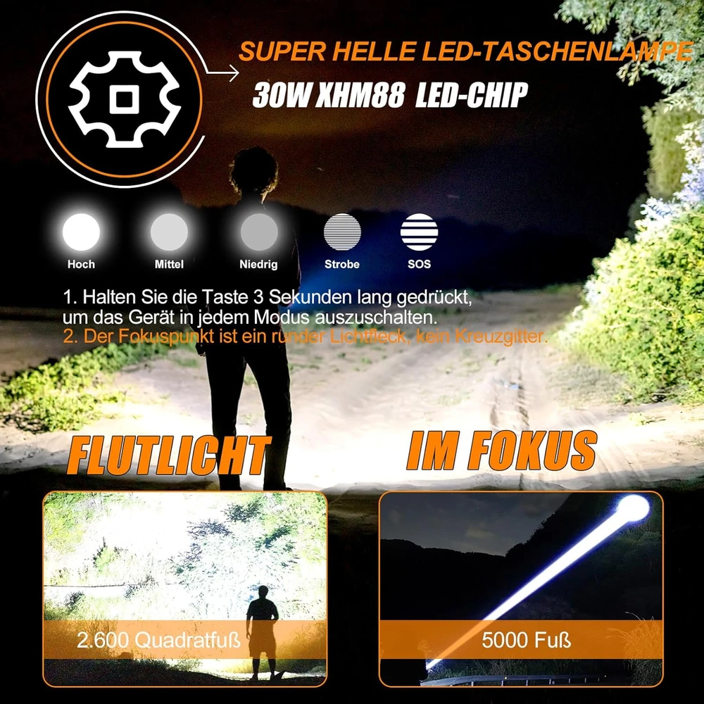 Relybo LED prožektorius, 30 W, įkraunamas, su USB, 5000 lm, su LCD ekranu, Relybo-A05