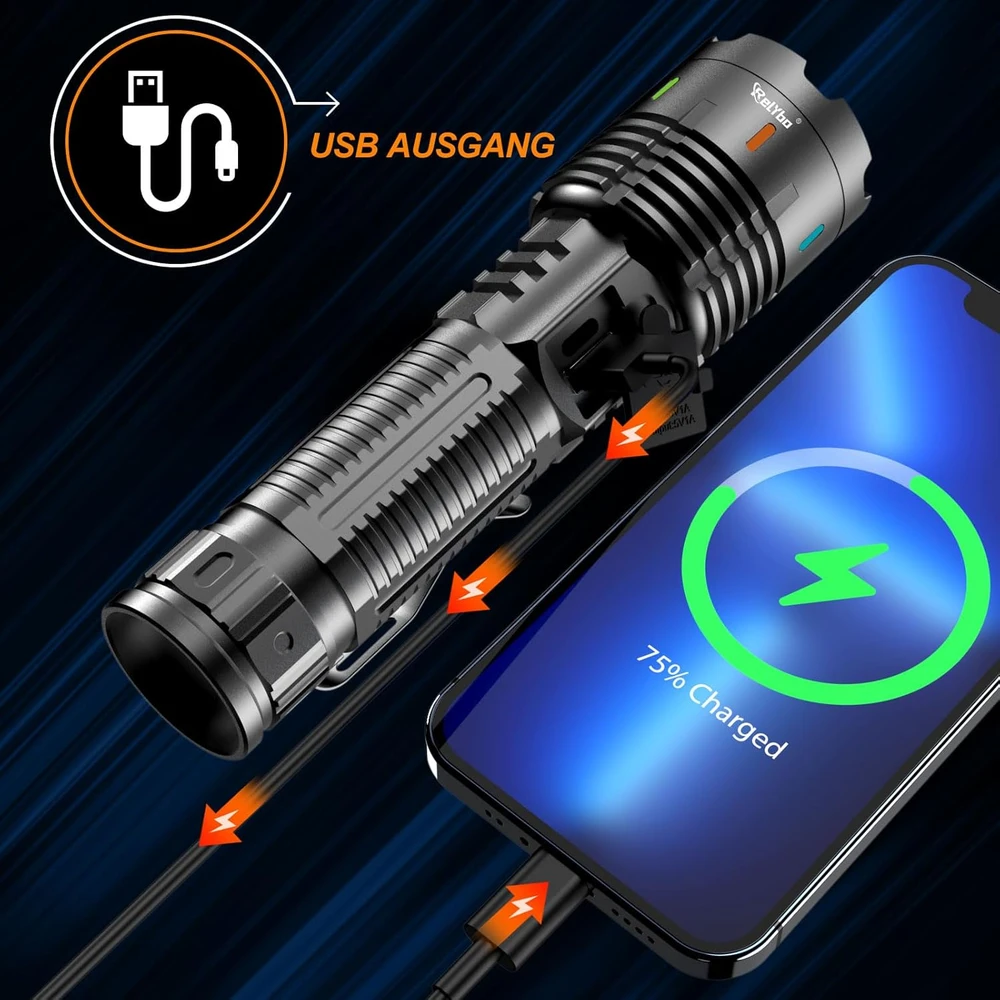Relybo LED prožektorius, 30 W, įkraunamas, su USB, 5000 lm, su LCD ekranu, Relybo-A05