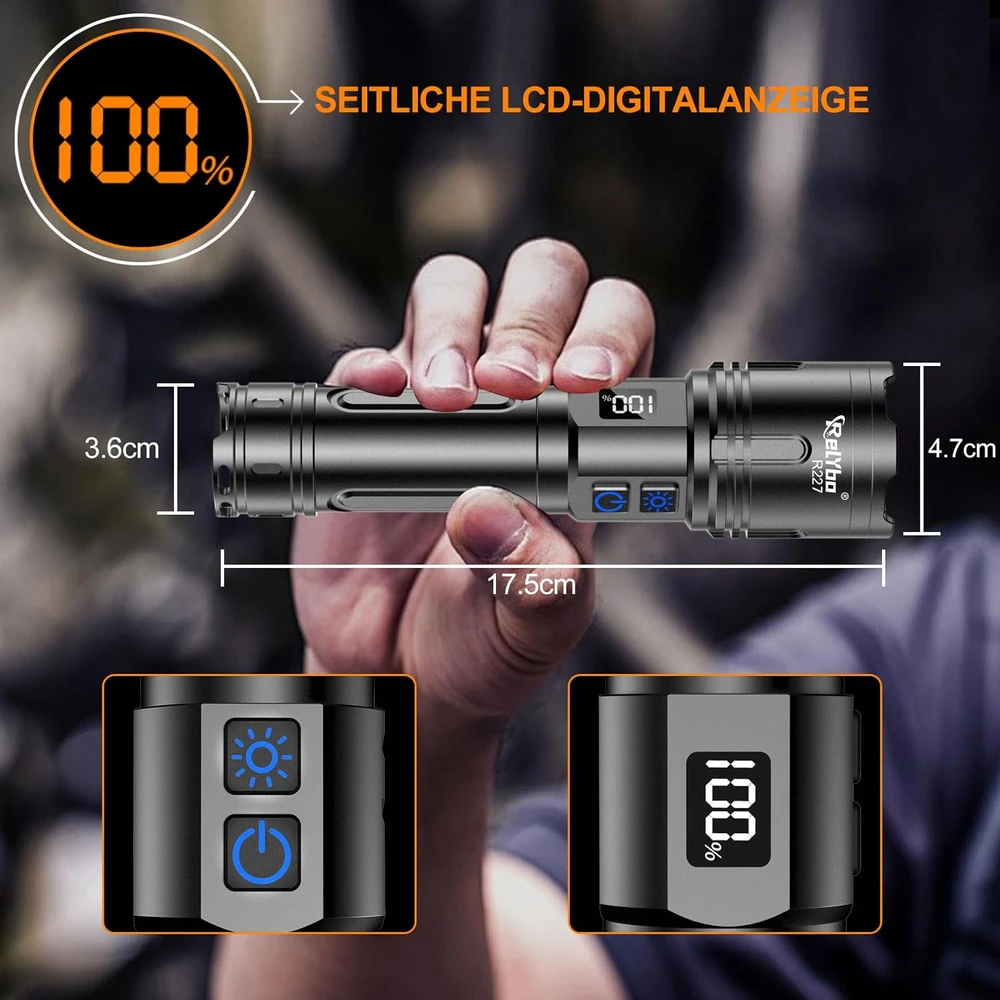 Relybo LED taktinis žibintuvėlis XHM90.2, reguliuojamas ryškumas, 30 W, USB-C, Relybo-R227