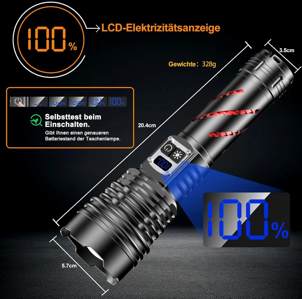 Relybo LED žibintuvėlis 1000000 lm, reguliuojamo ryškumo, įkraunamas, IPX6, GT221
