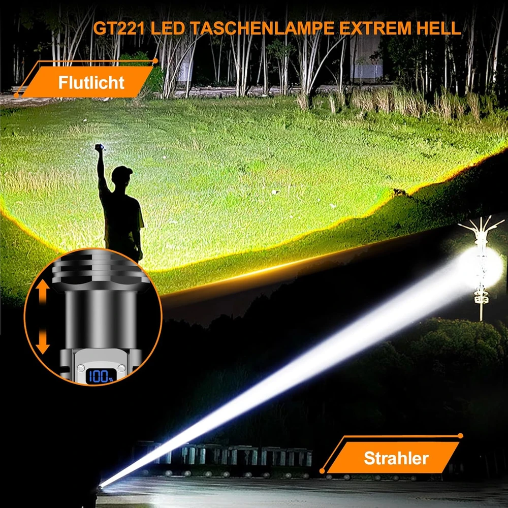 Relybo LED žibintuvėlis 1000000 lm, reguliuojamo ryškumo, įkraunamas, IPX6, GT221