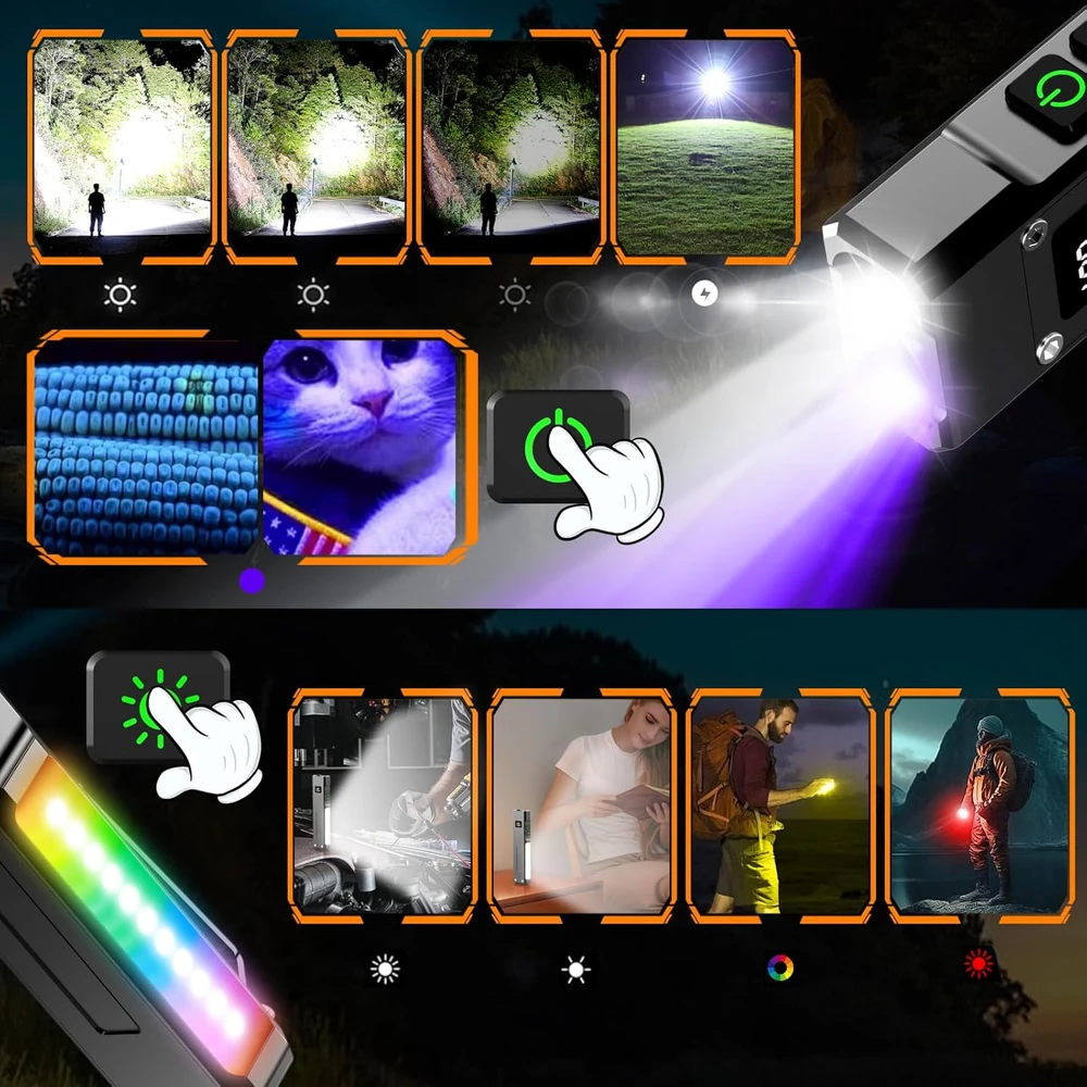 Relybo LED žibintuvėlis su UV 395 nm, 9 režimai, įkraunamas, IPX6 atsparumas vandeniui, FP110